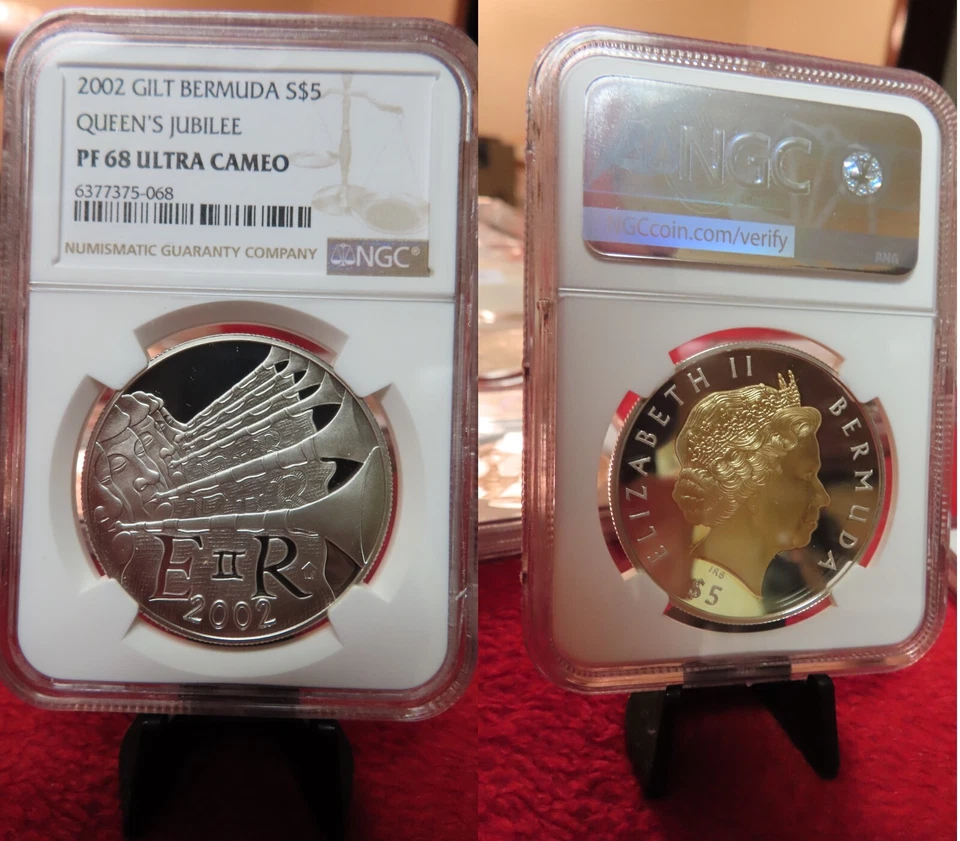 Bermudas 2002 dólar de plata dorado reina jubileo trompeta NGC prueba PF68 ultra camafeo Foto 1 de 1