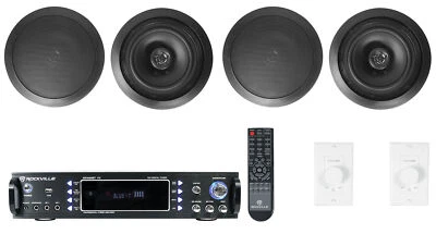 Rockville 2-Room Home Audio Receiver+(4) Black 8" Ceiling Speakers+Wall Controls - Image 1 of 4