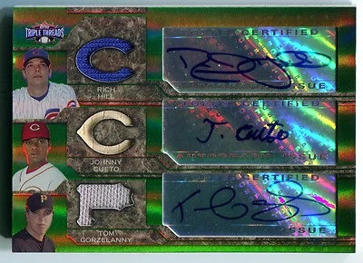 2008 Triple Threads JOHNNY CUETO Rich Hill TOM GORZELANNY Triple Auto Jersey /18 - Image 1 of 2