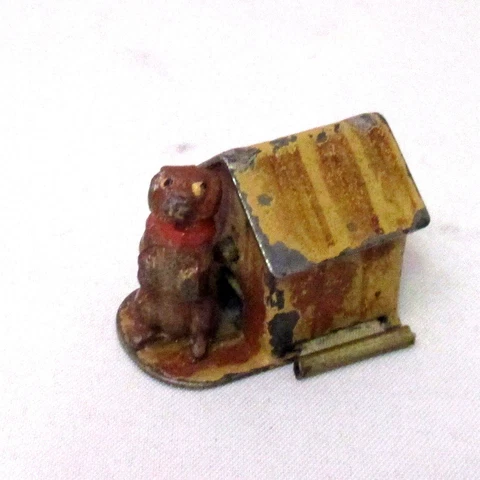 18th Century metal wind-up DOG & HOUSE,TAPE MEASURE;  ANTIQUE Original VERY RARE Cover