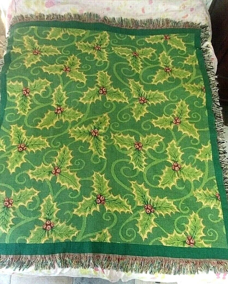 Tapestry Holly leaves Throw Blanket w Gold metallic threads Fringe 51' x 63" - Image 1 of 4