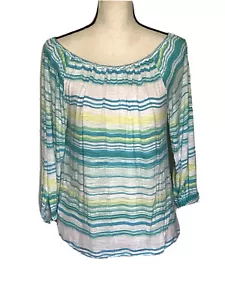 Ann Taylor Casual Top Size Medium White Turquoise Striped Peasant 3/4 Sleeve - Picture 1 of 7