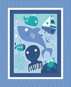 Sea Water Friends Childrens Wall Panel Fabric Whale Boats Octopus Springs Cotton - Picture 1 of 2