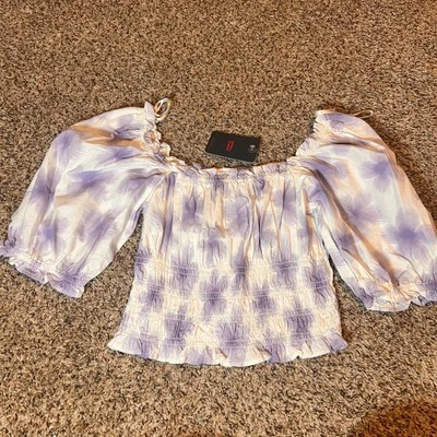 Blusa Levi's Calada Hombro Descubierto Manga Abullonada Lavanda Floral L Foto 1 de 4