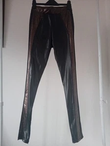 WOMENS STRETCH WET LOOK BLACK SHINY LEGGINGS ANIMAL PRINT DETAIL SIZE S - Picture 1 of 11