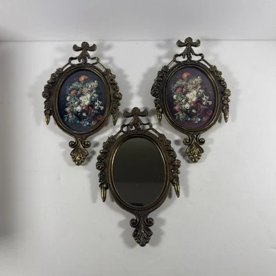 3 Vintage Italian Metal Oval 2 Picture Frames Wall Hanging ITALY 1 Mirror Floral - Image 1 of 4