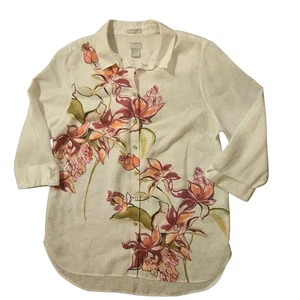 Chico's 100% Linen Tunic Size 1.5 US 10, White Beachy Floral Cottage Boho - Picture 1 of 7