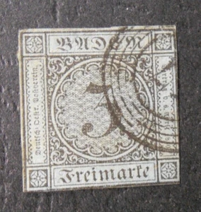 GERMANY,GERMANY,Old State 1853-54 BADEN "DIGIT" 3Kr. green USED Michel 6 - Picture 1 of 2