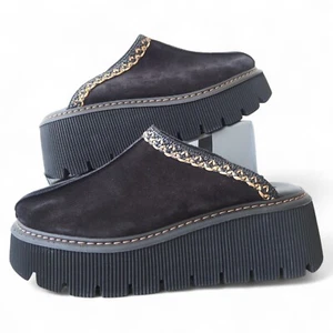 Carlos Pere Chunky Sole Platform Italian Suede Leather Clogs Black Women's 9.5 - Picture 1 of 22