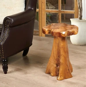 Rustic Teak Tree Stump Side Table Live Edge Stool Natural Edge Wood End Table - Picture 1 of 15