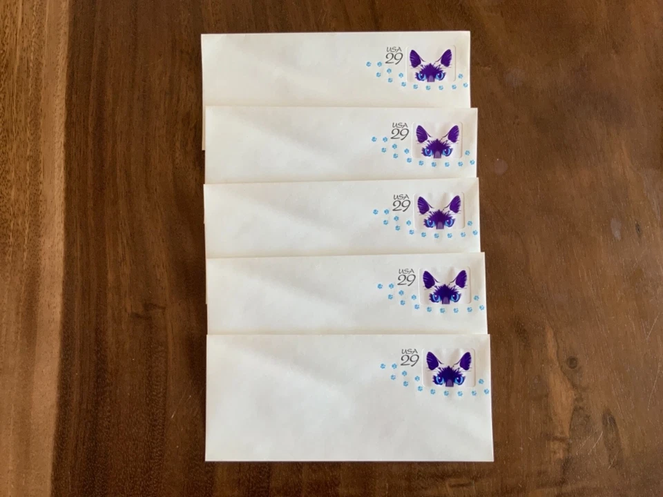 Cat Kitten Postage Stamp Envelopes 29 cent USPS 1993 - Lot of 5 - New 3  & 3 FDC - Image 1 of 2