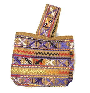 Vintage Colorful Embroidered Burlap Handbag Small Tote Bag Purse UNUSED 1970s - Picture 1 of 6