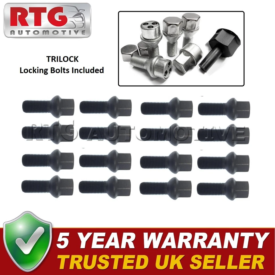16x Bolts Black + 4x Trilock Bolts For VW Jetta 1992 On 5 bolt M14 Thread Steel - Image 1 of 1