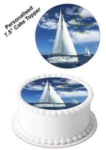 PERSONALISED Cake Topper Sailing Boat Yacht Edible Icing 7-8" Circle Decoration - Picture 1 of 10