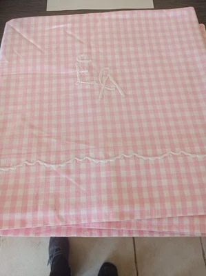 drap ancien en COTON VICHY ROSE avec monogramme BRODERIES  165 X 270 - Photo 1/3