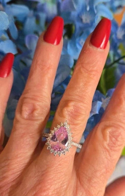 Anel halo topázio rosa pera, prata 925, tamanho 7 - Imagem 1 de 4