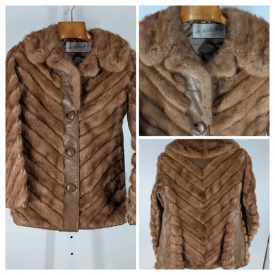 Vintage H.K. Chaqueta de Cuero Visón Fur Corp Chevron Mod Años 70 Como Nueva EE. UU. Foto 1 de 4