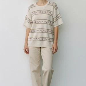 Handknit Crochet Cream  Floral Cottage Modest Vintage Feminine Short Sleeve Top  - Picture 1 of 6