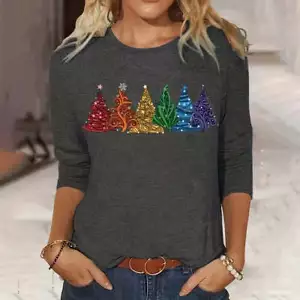 Women's Long-sleeved T-shirt Christmas Tree Printed Round Neck Loose Casual - Picture 1 of 11