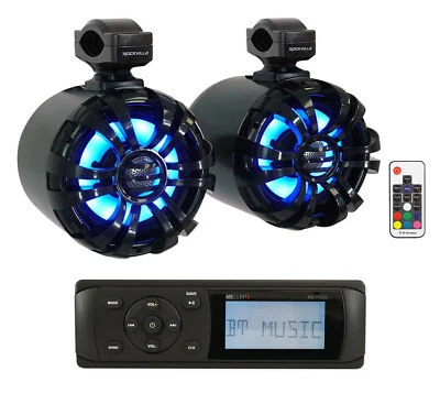 MB Quart MDR2.0 Marine/Boat Bluetooth Receiver+(2) Black 6.5" LED Tower Speakers - Image 1 of 4
