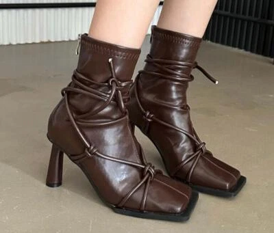 Botas de tornozelo femininas moda inverno biqueira quadrada tiras sexy gatinho salto médio sapatos - Imagem 1 de 4