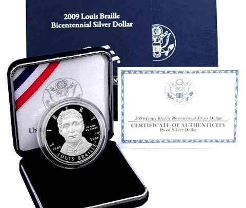 2009 P Louis Braille Commemorative 90% Silver Gem Proof Dollar KM 455 ASW 0.7734 Cover