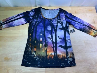 Nueva Camiseta Mujer/Junior’s Halloween Manga 3/4 Casa Embrujada-Murciélagos Voladores-Impresionante* Foto 1 de 4