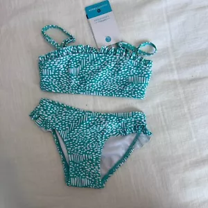 NWT Snapper Rock Ruffle Swimsuit UPF 50+ Swimwear Set Turquoise White Size 2 - Picture 1 of 4