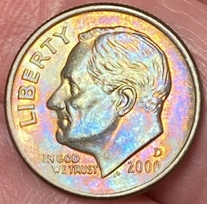 Hermosa moneda de diez centavos Roosevelt 2000-D brillante en tono arco iris #17 - Imagen 1 de 12