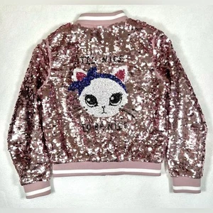 H&M Kids Girls' Pink Sequin Varsity Bomber Jacket Cat Graphic Preppy Size 7 - Picture 1 of 13