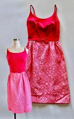 Vestido de vacaciones vintage años 60 JR THEME dos tonos rosa intenso terciopelo y brocado movible Foto 1 de 3