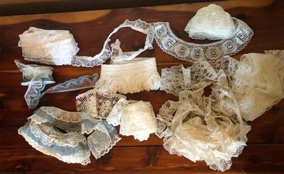 Vintage Lace Trim Bundle Lot Over 30 Yards Ruffled & Flat Ivory White Beige Blue - Image 1 of 4