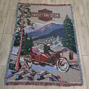 Vintage Harley Davidson Gobelin Überwurf Decke Antik Motorrad mit Beiwagen 47x67 - Bild 1 von 10