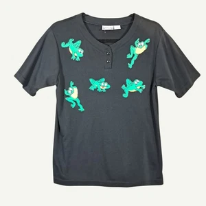 Vtg Henley Tee Women Small Glitter Frogs Black Short Sleeve Shirt USA  Funny 90s - Picture 1 of 11