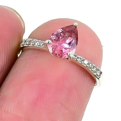 Этническое кольцо с розовым кунцитом из чистого серебра с кластером дочерей на день годовщины - Изображение 1 из 4