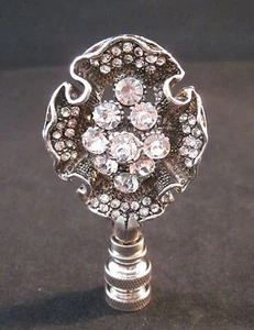 Lamp Finial-Antq.Silver RHINESTONE FLOWER Lamp Finial-Satin Nickel Base - Picture 1 of 11