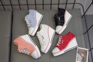 Canvas shoes Comfy Wedge heels Sporty Sneakers Low Upper Lace Up Women Red 35-43 - Picture 1 of 72