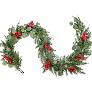 6ft Artificial Christmas Cedar Garland with Eucalyptus Leaves, Red Berries Wi... - Picture 1 of 7