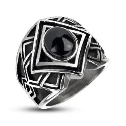 Steel Tribal Ring w/ Onyx Center Stone Band Size (f162) - Image 1 of 1
