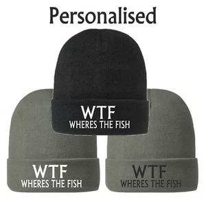 Fishing Gifts mens WTF Wheres the Fish Funny Beanie Hat Rude Joke Angling Dad - Picture 1 of 4