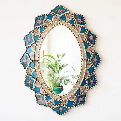 Peruvian Large oval mirror wall art decoration | Blue Oval mirror on the wall - Image 1 of 4
