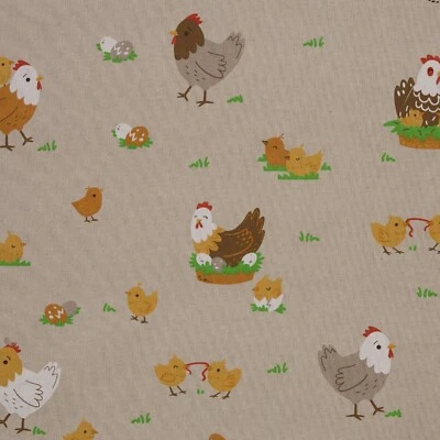 Dekostoff, Balingen, bedr. Leinenoptik, Hühner/ Geflügelfamilie Bunt  140cm - Bild 1 von 4