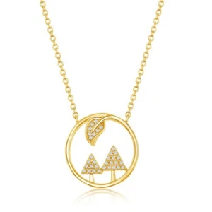Sterling Silver Gold Plated CZ Trees and Leaf Round Necklace - Picture 1 of 1