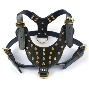 Gold Spikes Studded Dog Harness PU Leather Adjustable Large Pitbull Rottweiler - Picture 1 of 8