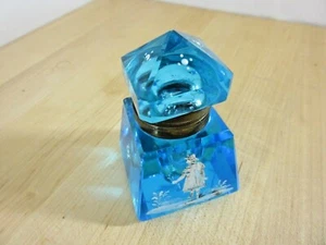Vintage Blue Cut Glass Inkwell With Enameling Pyramid Girl Beautiful!! - Picture 1 of 7