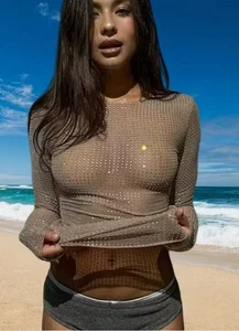 New Sexy Sheer Sequin Mesh Long Sleeve T-Shirt Khaki Size M - Picture 1 of 8