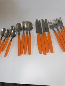 EKCO Vintage Set 4 Ekco Chrom Metall Besteck orange Griffe 16 Teile - Bild 1 von 6