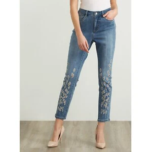 Joseph Ribkoff Rhinestone-Embellished Cut-Out Leaf Ankle Slim-Fit/Skinny Jeans 4 - Picture 1 of 14