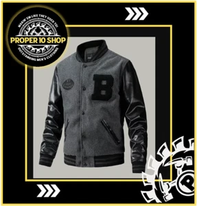 Men's Varsity Baseball Jacket Black Gray Faux leather size 2XL with patches - Picture 1 of 7