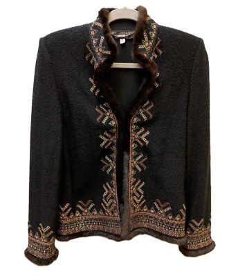 St. John Evening Jacket sz 2 Sequin & Mink Fur Trim Black, Brown, Gold & Orange - Image 1 of 4